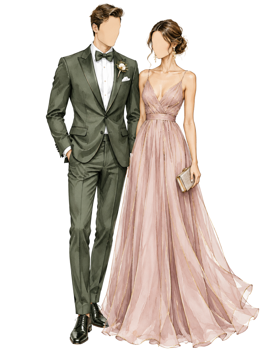 Illustration of formal wedding guest attire: a tailored tuxedo and a floor-length gown